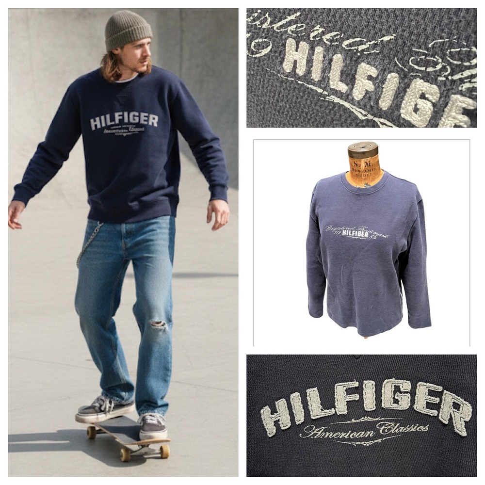Vintage Tommy Hilfiger Navy Spellout‎ Logo Sweatshirt Men Y2K Skater Grunge M